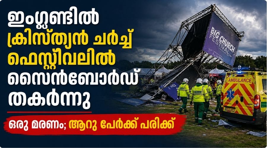 ഇംഗ്ലണ്ടിൽ ക്രിസ്ത്യൻ ചർച്ച് ഫെസ്റ്റിവലിൽ സൈൻബോർഡ് തകർന്ന് ഒരു മരണം; നിരവധി പേർക്ക് പരിക്ക്
