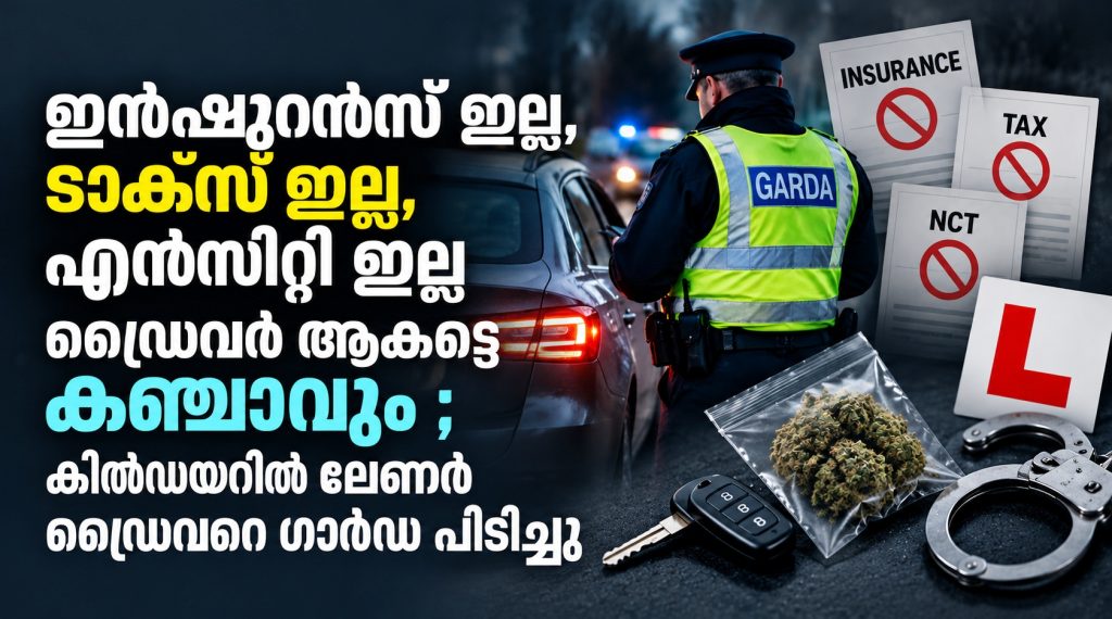ഇൻഷുറൻസ് ഇല്ല, ടാക്സ് ഇല്ല, എൻസിറ്റി ഇല്ല ഡ്രൈവർ ആകട്ടെ കഞ്ചാവും ; കിൽഡയറില്‍ ലേണർ ഡ്രൈവറെ ഗാർഡ പിടിച്ചു