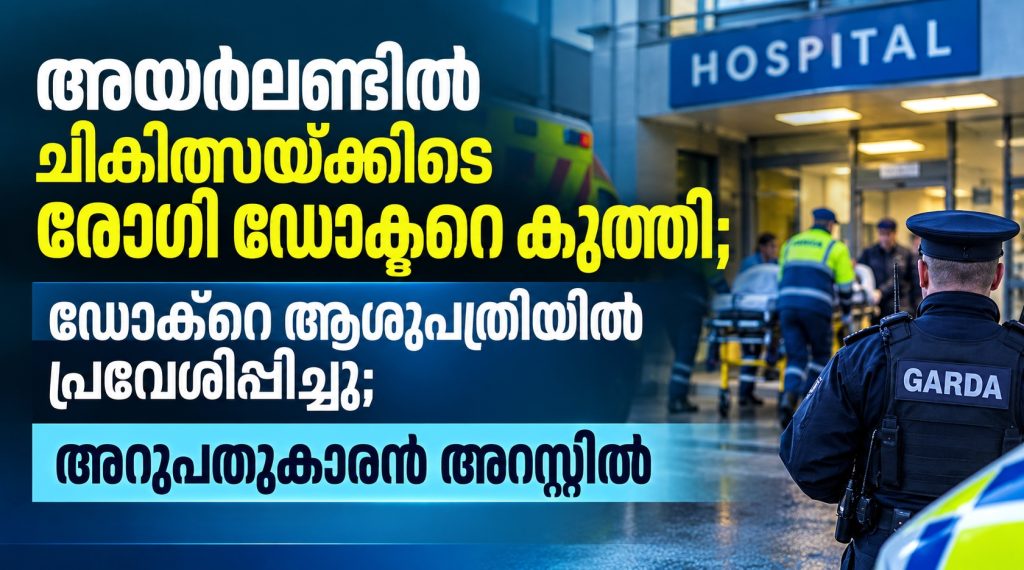 അയർലണ്ടിൽ ചികിത്സയ്ക്കിടെ രോഗി ഡോക്ടറെ കുത്തി; ഡോക്ടറെ ആശുപത്രിയിൽ പ്രവേശിപ്പിച്ചു; അറുപതുകാരൻ അറസ്റ്റിൽ